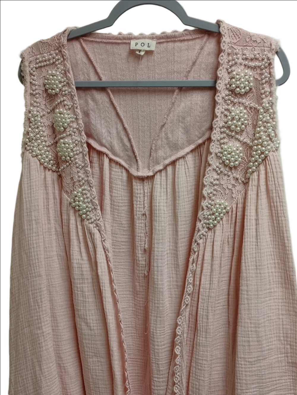🩷POL BLUSH PINK LACE GAUZE COTTON SLEEVLESS CARDIGAN TUNIC EMBELLISHED PEARLS - Picture 4 of 16